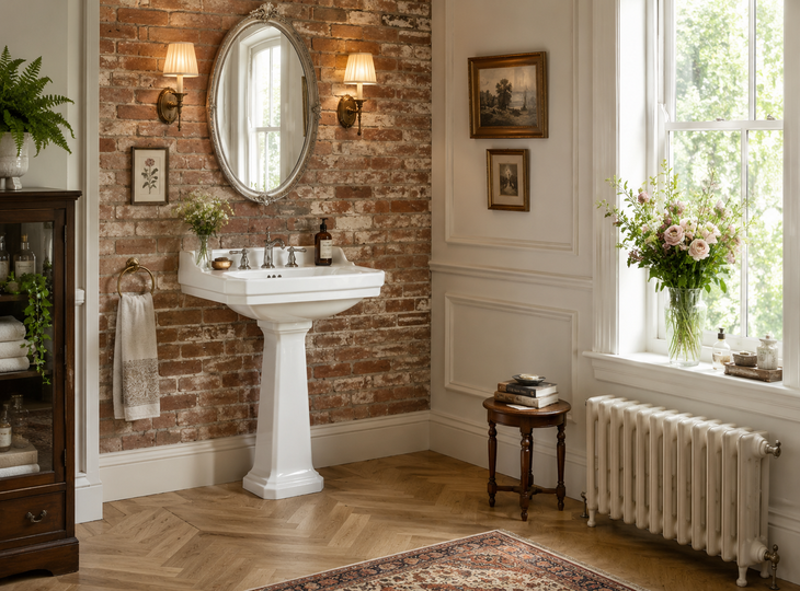 Washbasin with vintage wall lights positioned either side of the mirror
