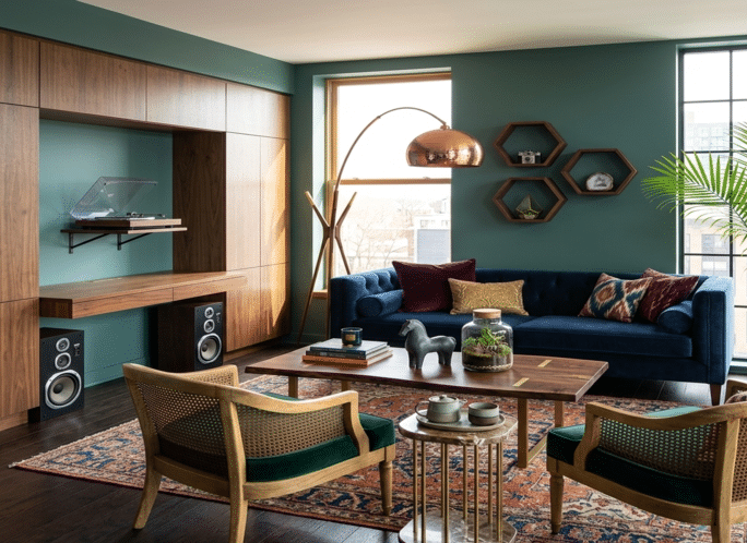 A house decorated in a vintage style with dark colours