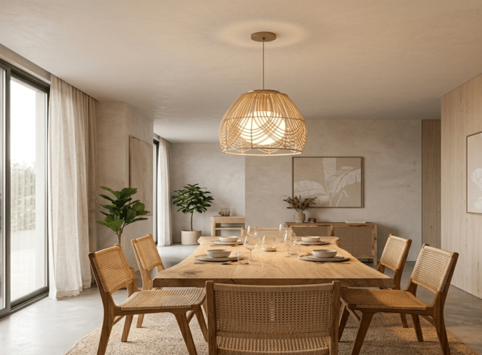 Eetkamer verlicht door een hanglamp in natuurlijke stijl