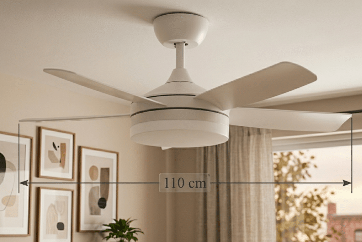 Plafondventilator met vijf bladen voor een middelgrote kamer, met een diameter van 110 cm