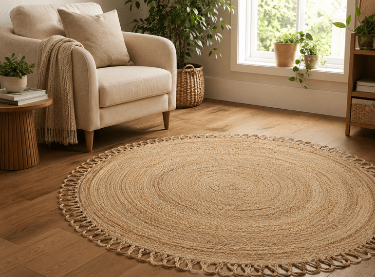 Een woonkamer in natuurlijke stijl, ingericht met een tapijt van plantaardige vezels 