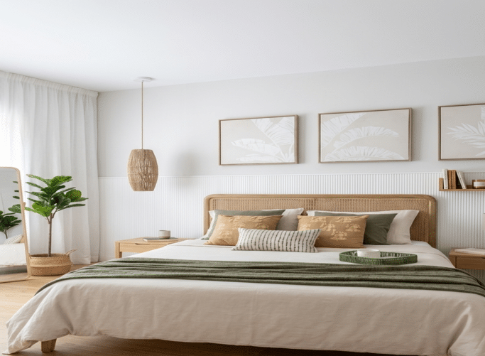 Een tweepersoonsslaapkamer, ingericht en verlicht in een natuurlijke stijl