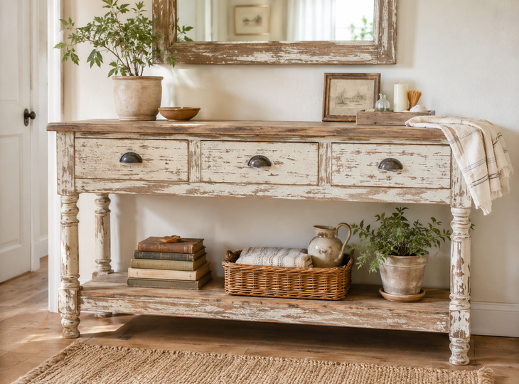 Entrance hall decorated with a vintage-style piece of furniture with a distressed finish