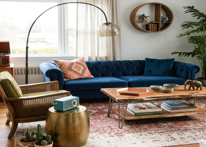 A living room decorated with vintage furniture and pieces
