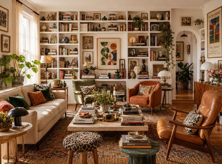 A vintage-style living room with too much furniture and decoration