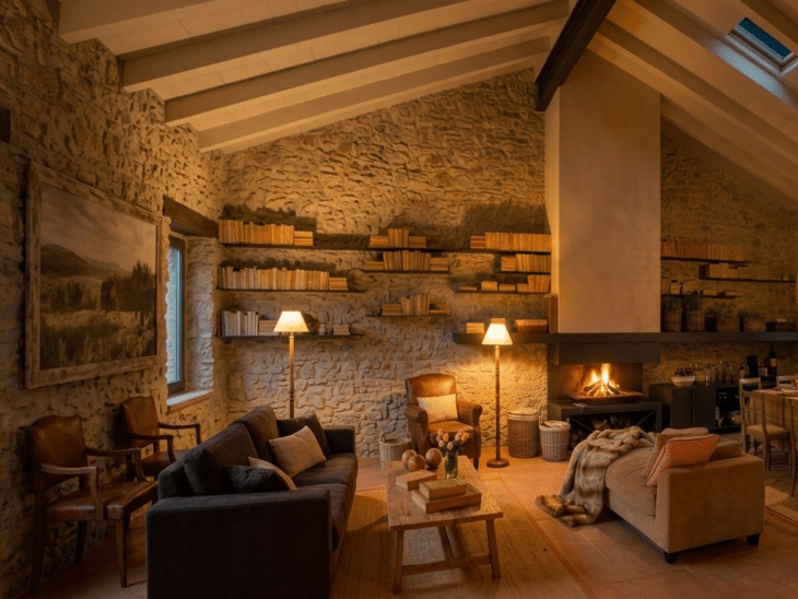 Een woonkamer met sfeervolle verlichting, ingericht met lampen in een natuurlijke stijl