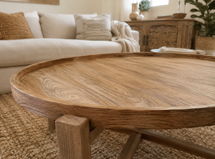 Een houten tafel in een woonkamer die in een natuurlijke stijl is ingericht 