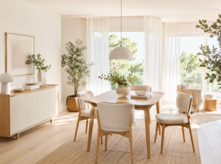 Een woonkamer in Scandinavische stijl met veel licht