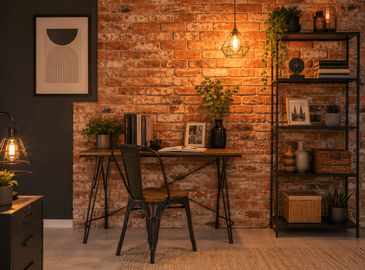 A living room decorated in an industrial style with an exposed brick wall