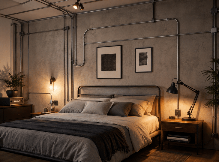 Bedroom with an industrial style, featuring pipes on the walls