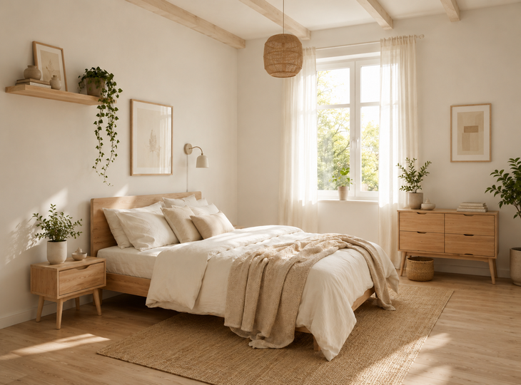 Een slaapkamer in Scandinavische stijl, versierd met planten