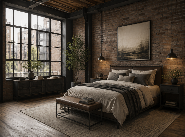 Dormitorio decorado con estilo y lamparas industriales