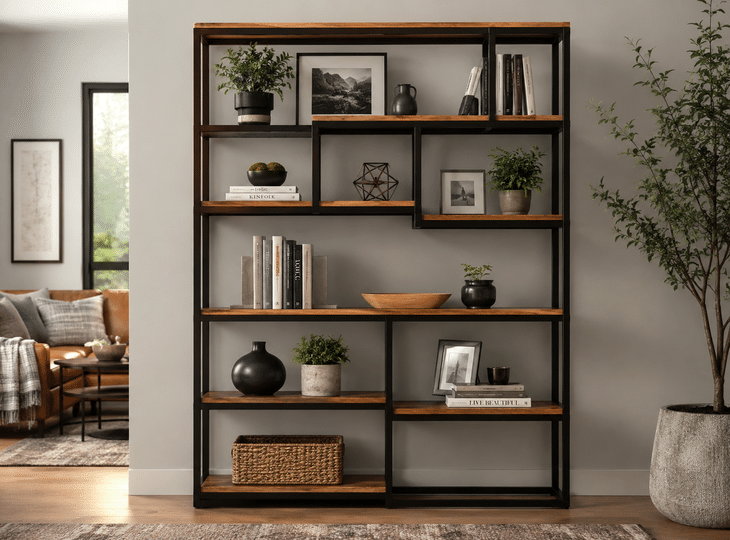 Living room with industrial-style shelving 