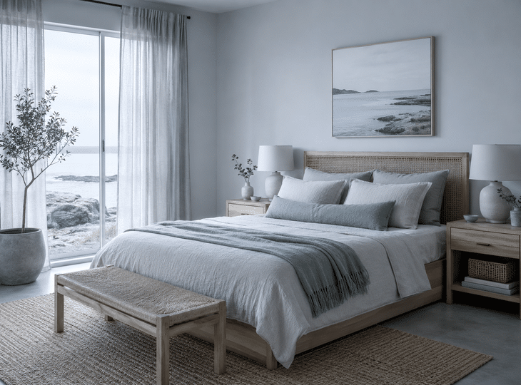 Een kamer die is ingericht in te koele en neutrale tinten