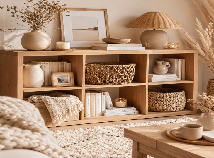 Houten rek en tafel in Scandinavische stijl