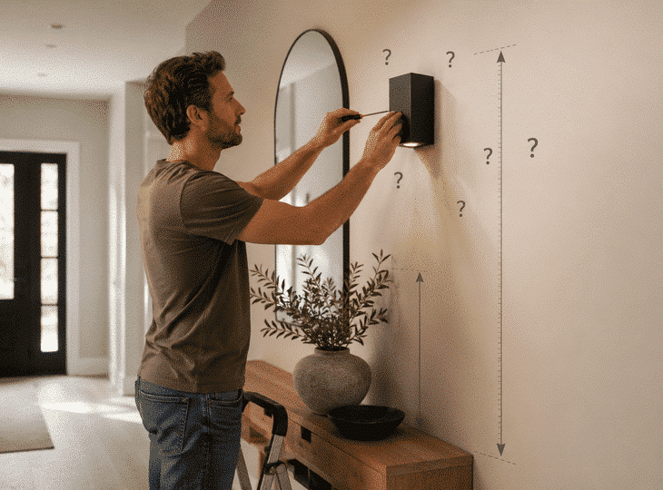 Persona colocando un aplique de pared en un pasillo