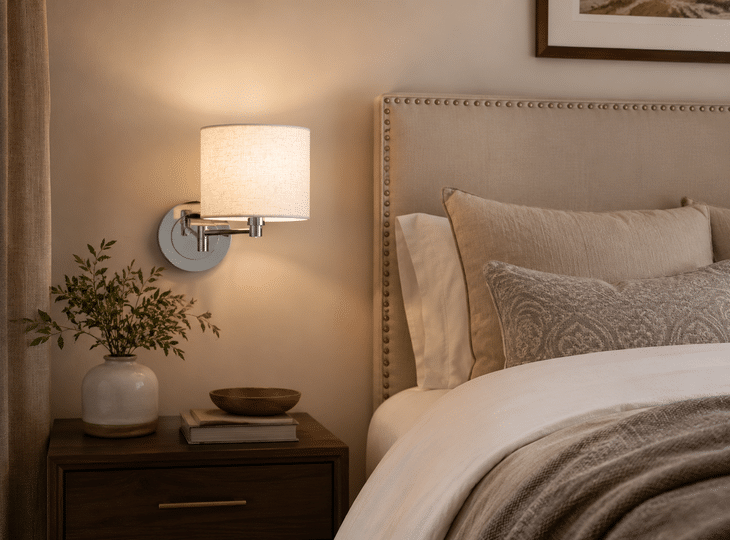 Slaapkamer met een wandlamp met een verstelbare arm