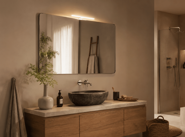 Badkamer met een aan de muur bevestigde lamp boven de spiegel