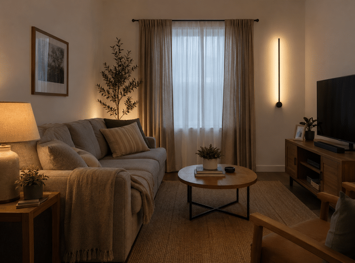 Een woonkamer die verlicht wordt door een wandlamp