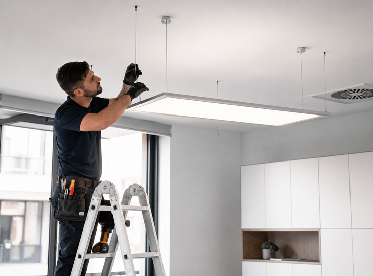 A professional installing a suspended LED panel