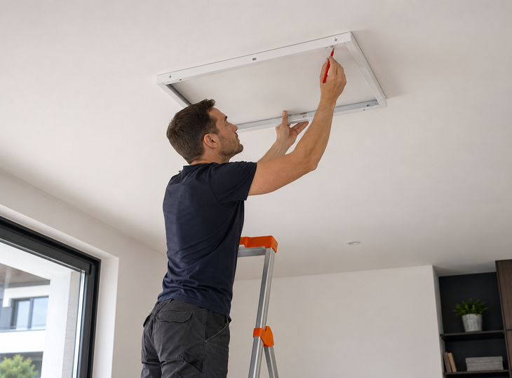 A professional marking out the frame of an LED panel on a flat ceiling