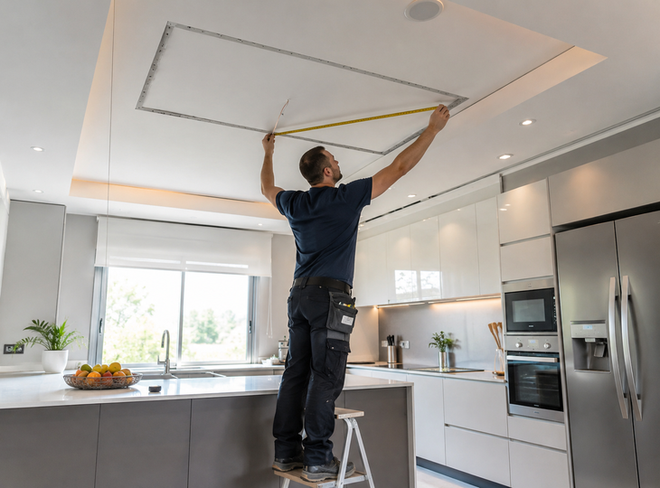 A professional checking the dimensions before installing an LED panel