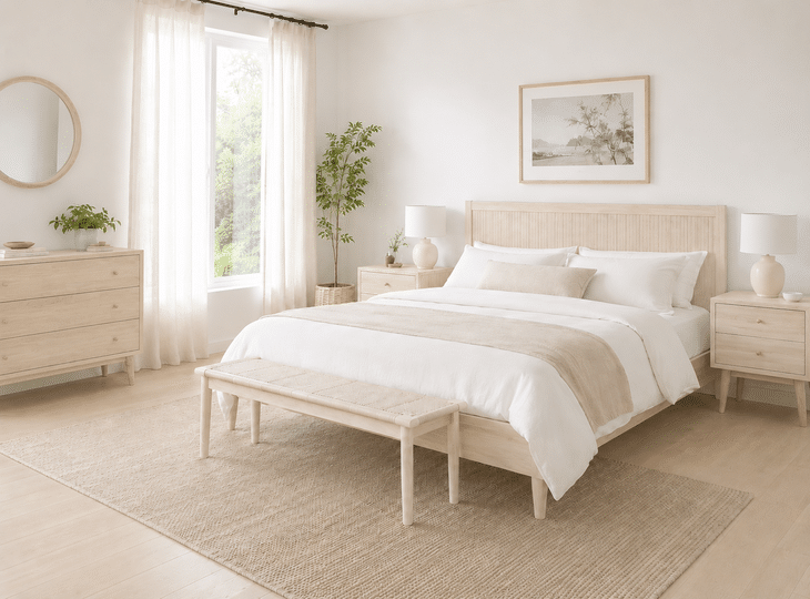 Ein Schlafzimmer im nordischen Stil, eingerichtet mit sehr hellem Holz
