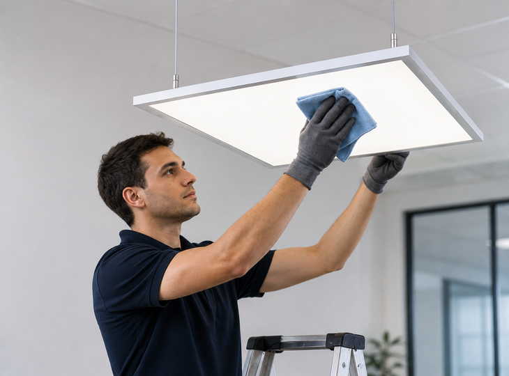 A professional carrying out routine cleaning of an LED panel