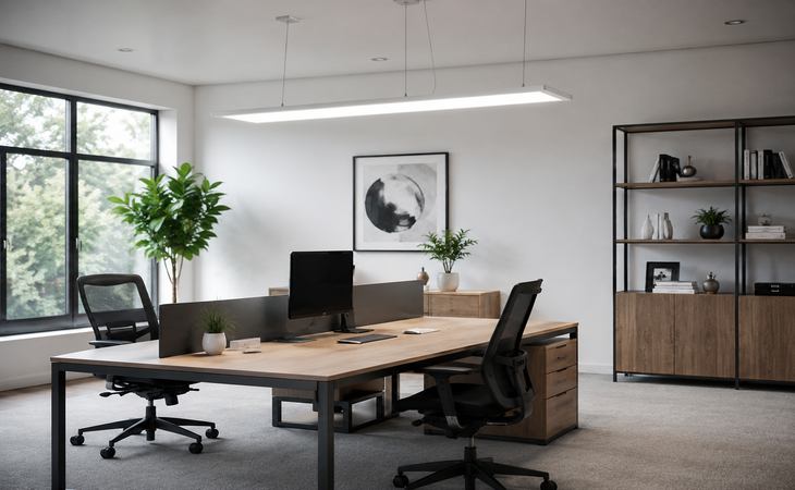 Büro mit einer hängenden LED-Leuchte