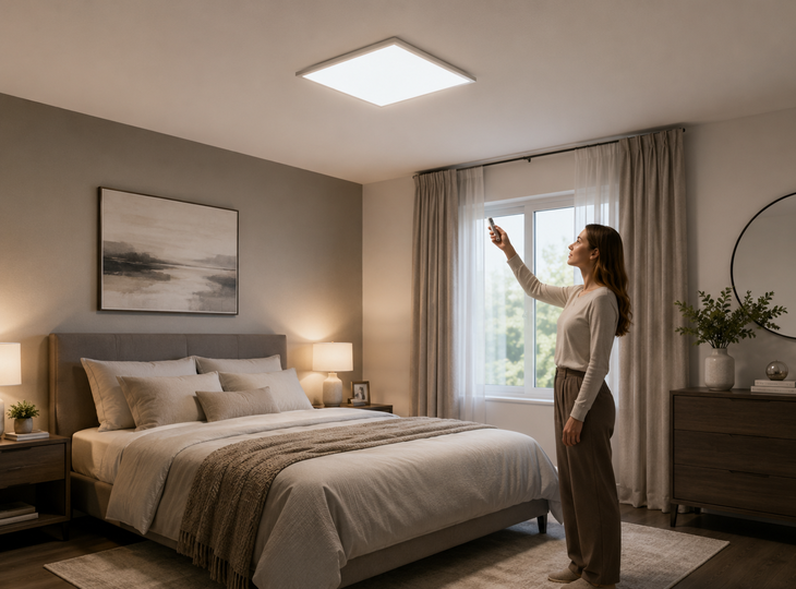 Schlafzimmer mit einem LED-Panel mit Fernbedienung 