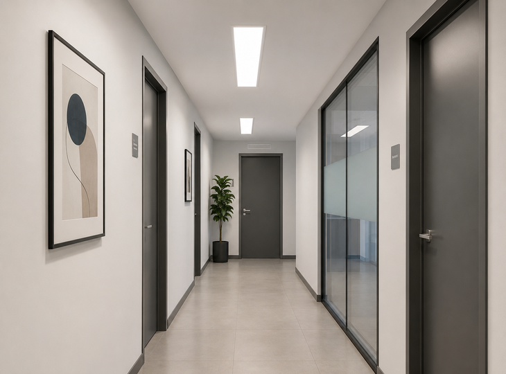 Flur, beleuchtet durch ein 120 cm langes LED-Paneel 