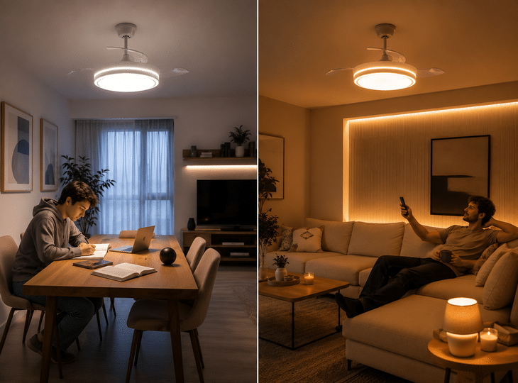 A living room in a house with lighting tailored to the occupants’ needs