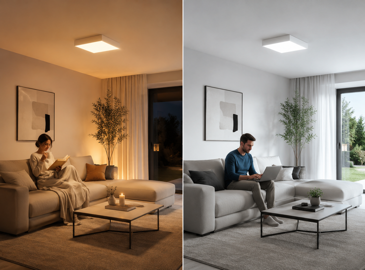 Ein Raum, der von einem LED-Panel mit
unterschiedlichen Farbtemperaturen beleuchtet wird 