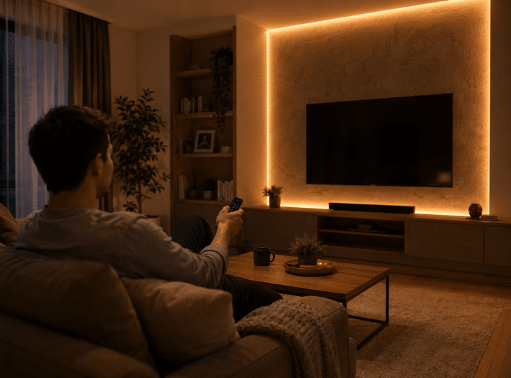 Living room lit by smart LED strips with a remote control
