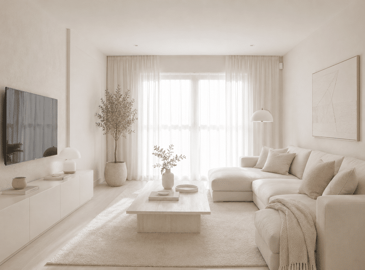 Ein Wohnzimmer im nordischen Stil, das viel zu weiß ist