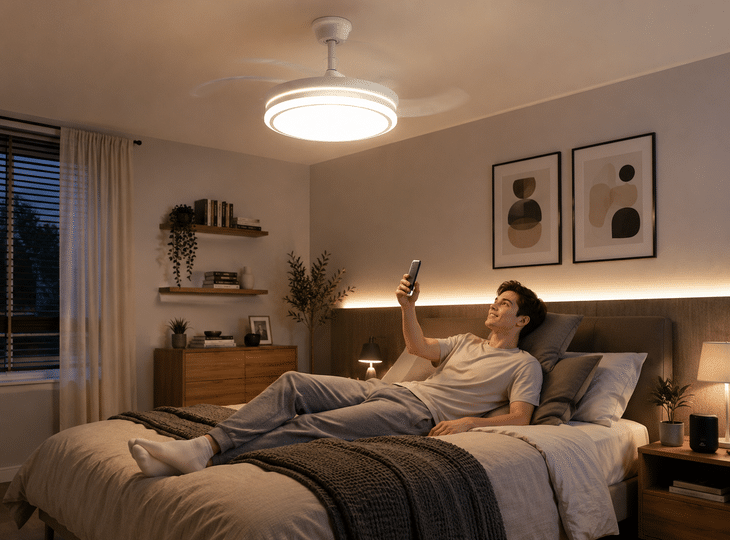 A young man switching on a Wi-Fi-enabled ceiling fan via a mobile app