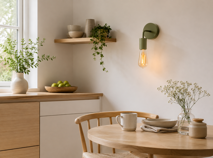 Keukentafel verlicht door een wandlamp in Scandinavische stijl
