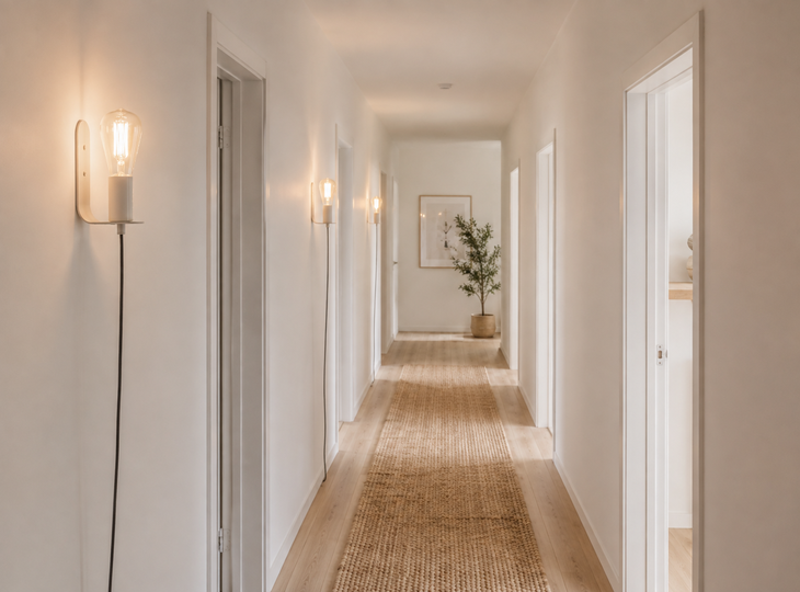 Een gang verlicht door wandlampen in Scandinavische stijl