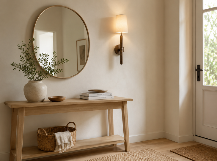 Gang met een wandlamp in Scandinavische stijl