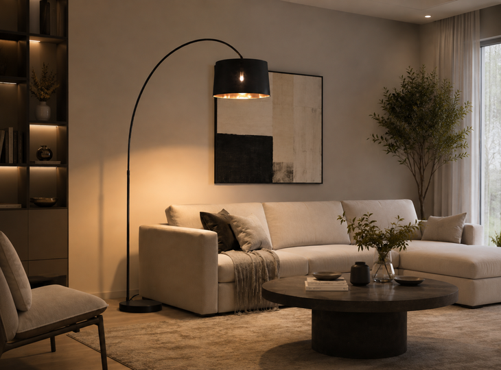Moderní stojací lampa v obývacím pokoji