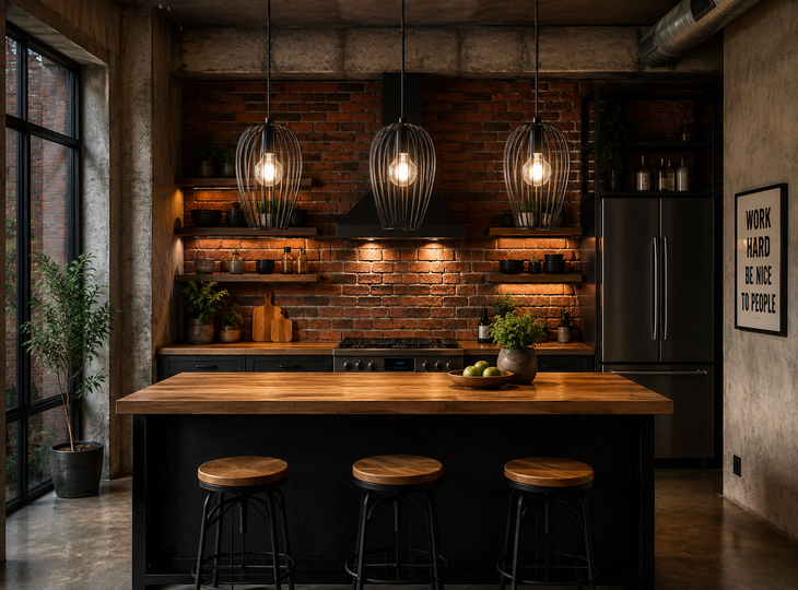 A kitchen with industrial-style pendant lights