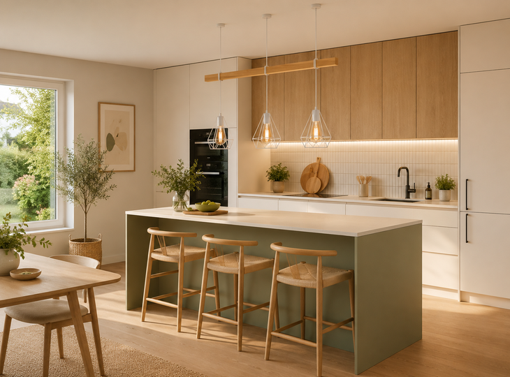Keuken in Scandinavische stijl met hanglampen