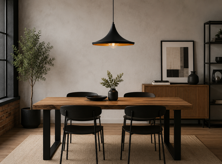 Industrial-style coffee table lit by a pendant lamp