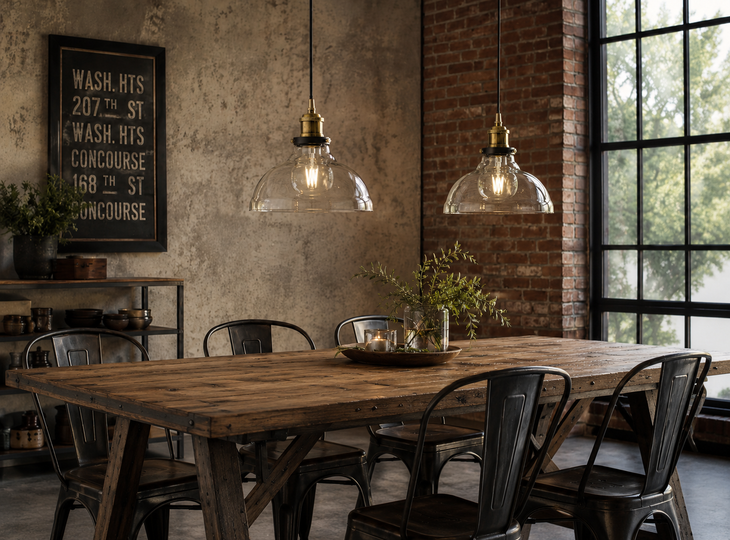 Kitchen table with industrial-style lamps