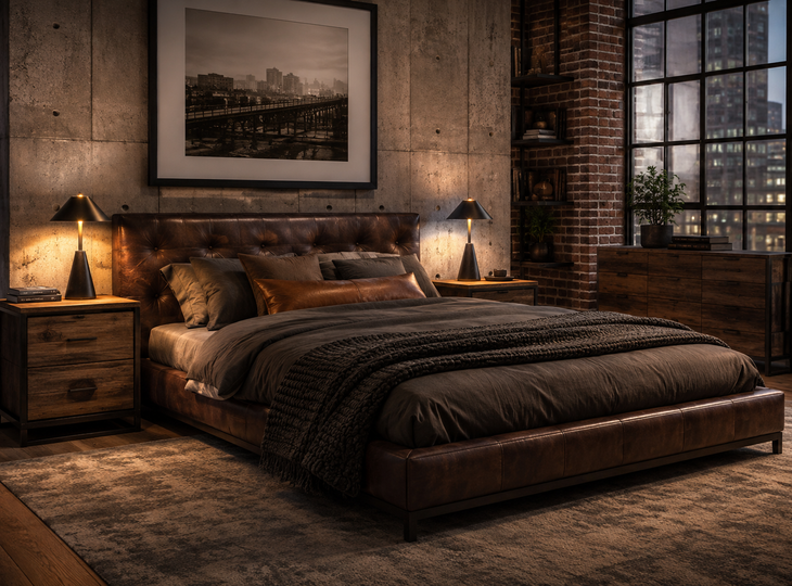Bedroom with industrial table lamps