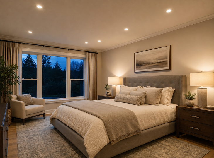 Quarto com uma instalação de luzes embutidas