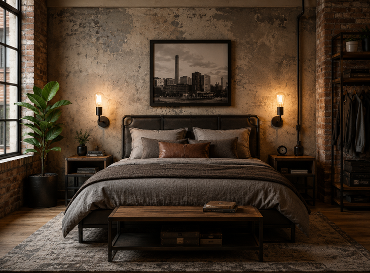 Bedroom lit by wall lights