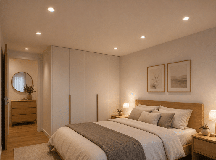Bedroom lit by LED downlights