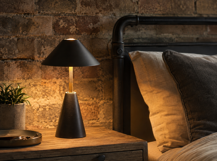 Black industrial-style table lamp next to the bed