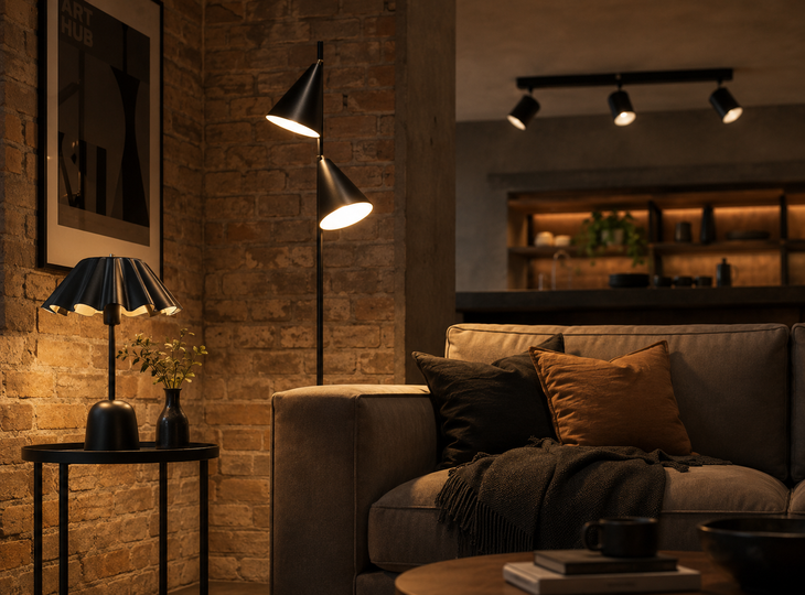 Industrial floor lamp next to the sofa in the living room